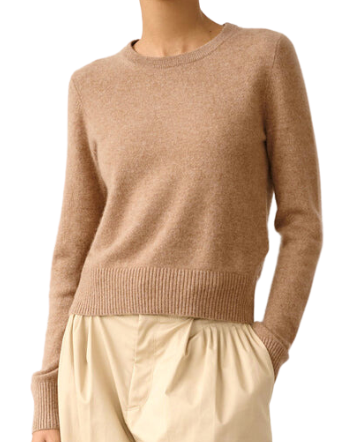 Cashmere Shrunken Crewneck Sweater (Camel Heather)