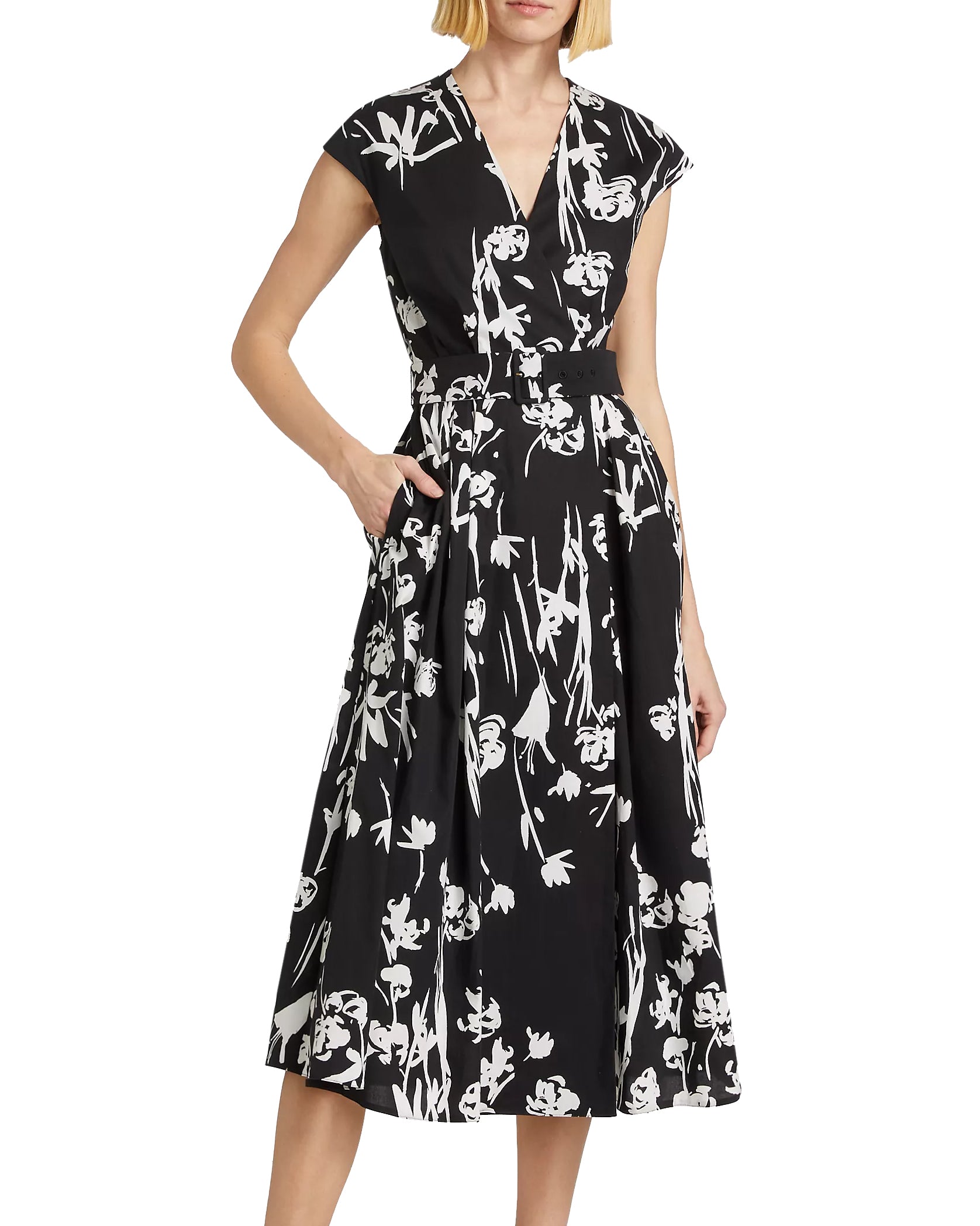 Poplin Printed Cap Sleeve Midi Dress (Black Floral)