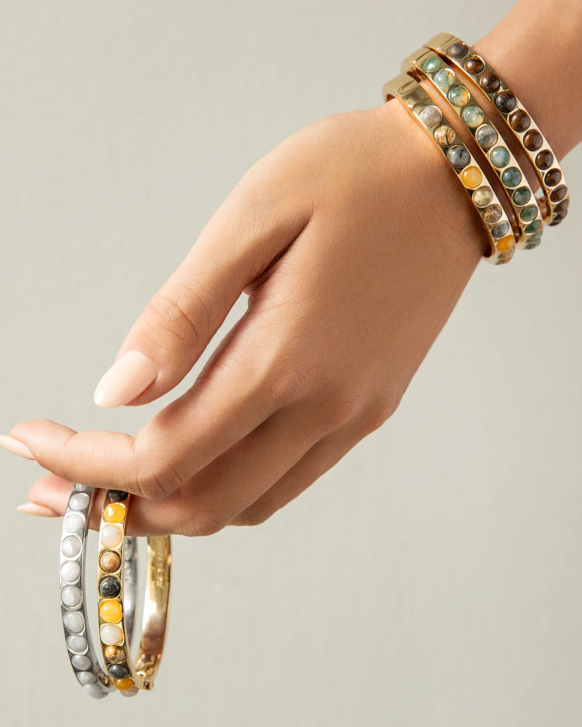 Semi Precious Stone Hinge Bangle (Gold/Green Jade)