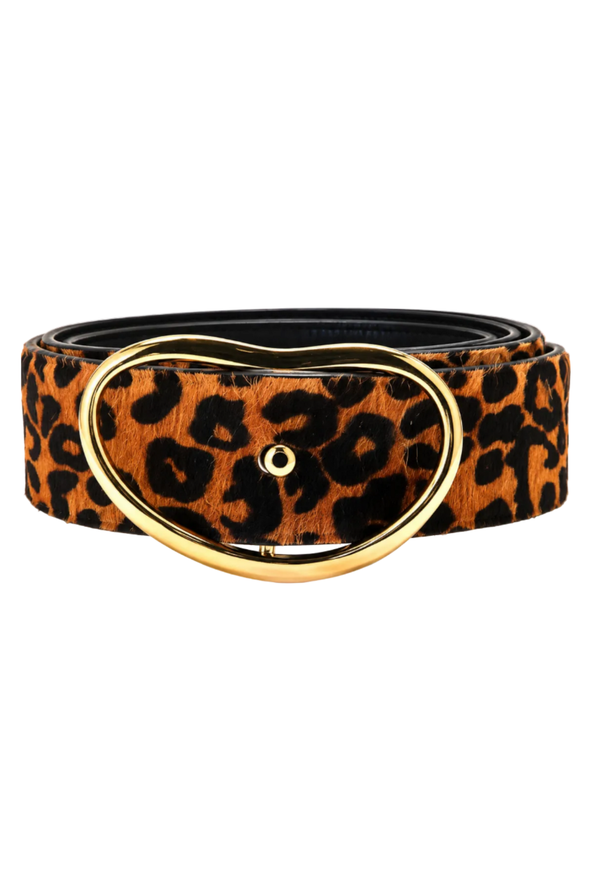 Wrabyn Wide Georgia belt in black and tan cheetah-print calf hair with a gold-plated brass heart-shaped buckle.