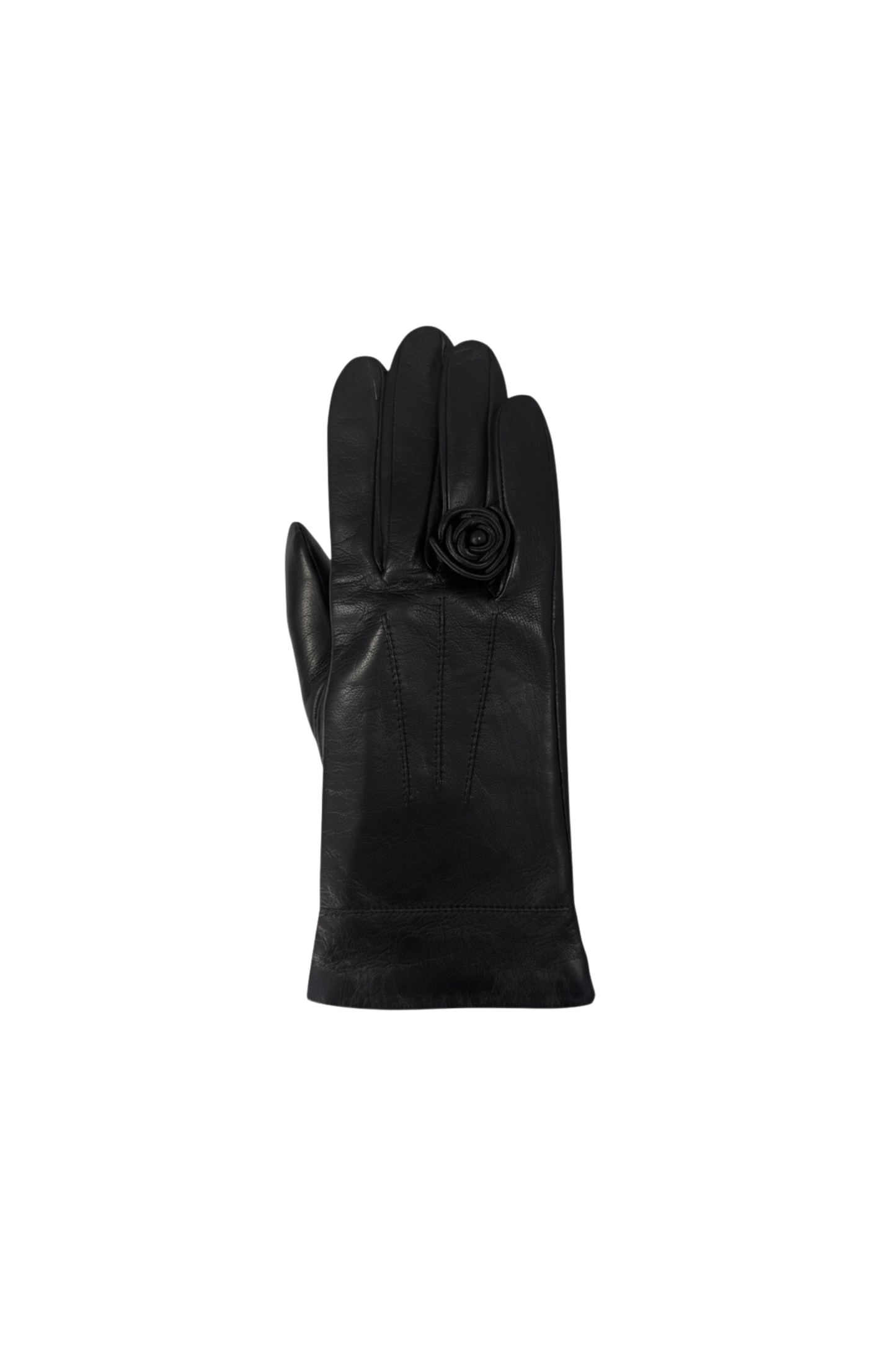 Black glove with a rose detail on a plain background