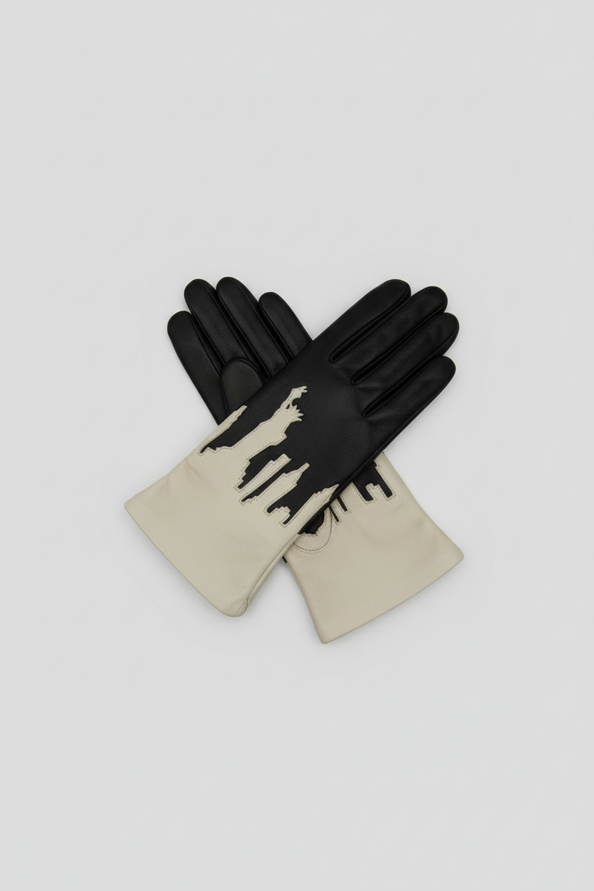 Pair of gloves with black and beige design on a white background