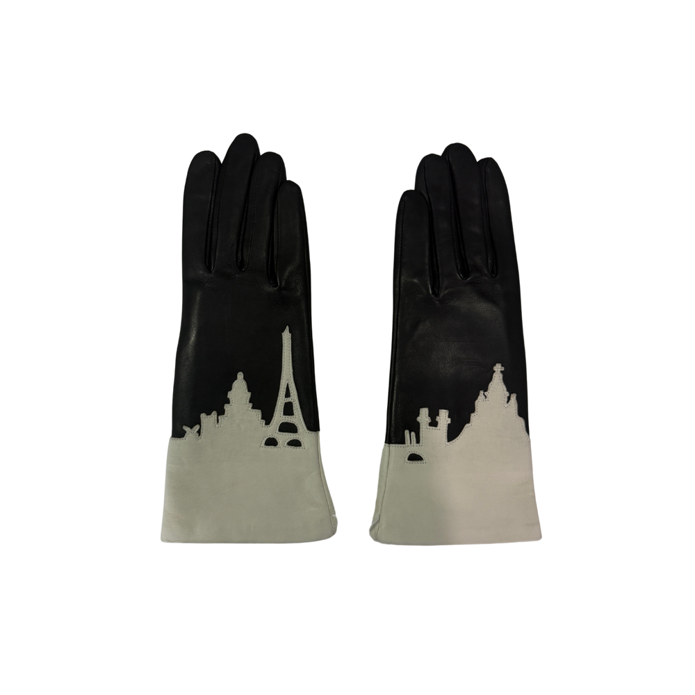 Leather gloves featuring silhouette of the Paris skyline.