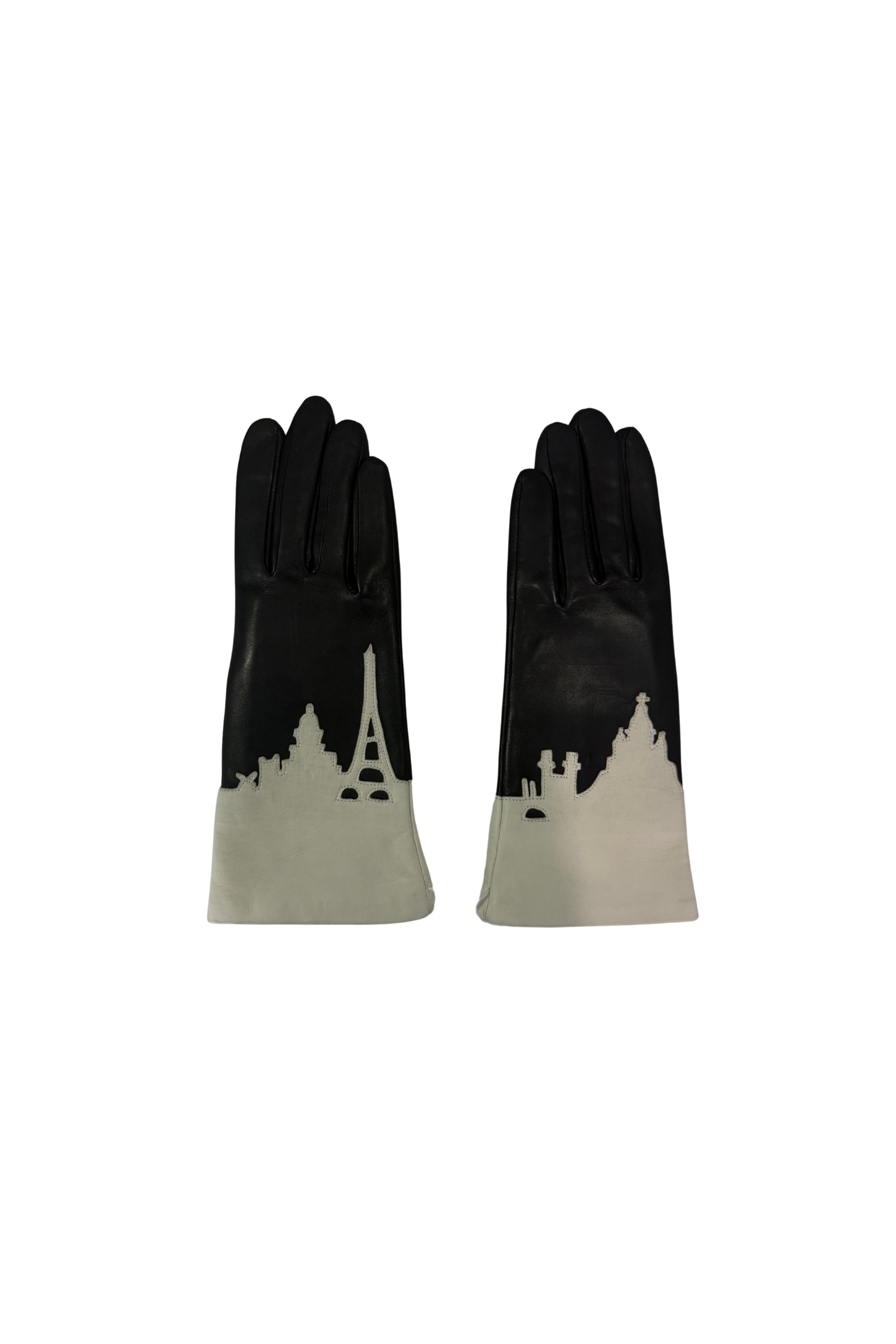 Leather gloves featuring silhouette of the Paris skyline.