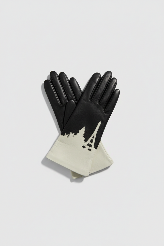 Leather gloves featuring silhouette of the Paris skyline.
