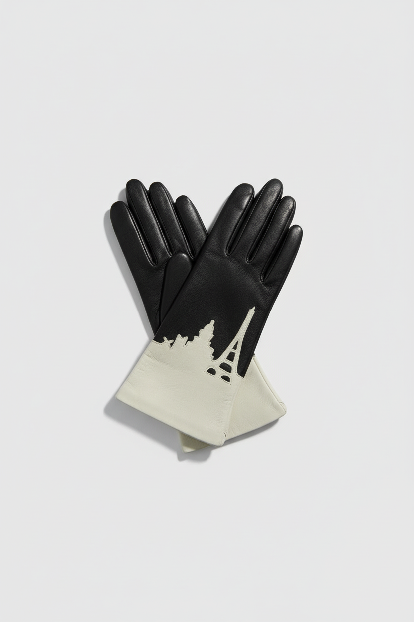 Leather gloves featuring silhouette of the Paris skyline.