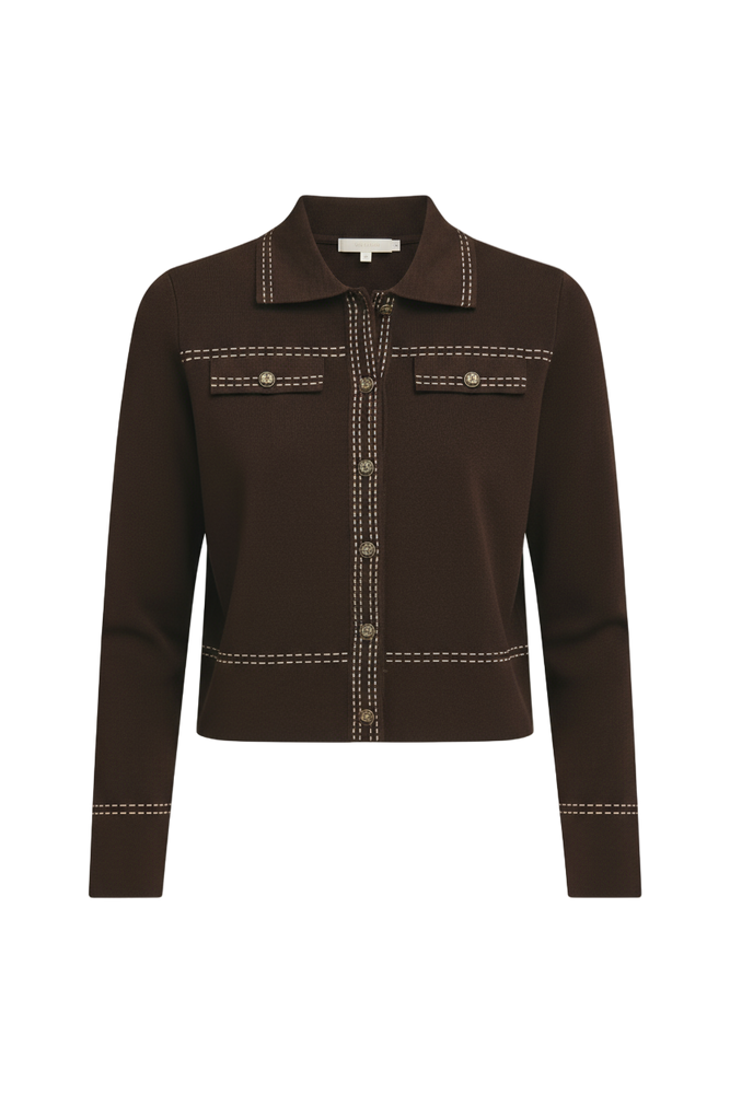 Brown cardigan sweater with decorative stitching