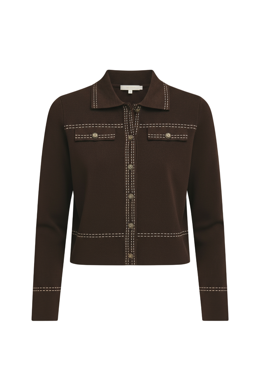 Brown cardigan sweater with decorative stitching