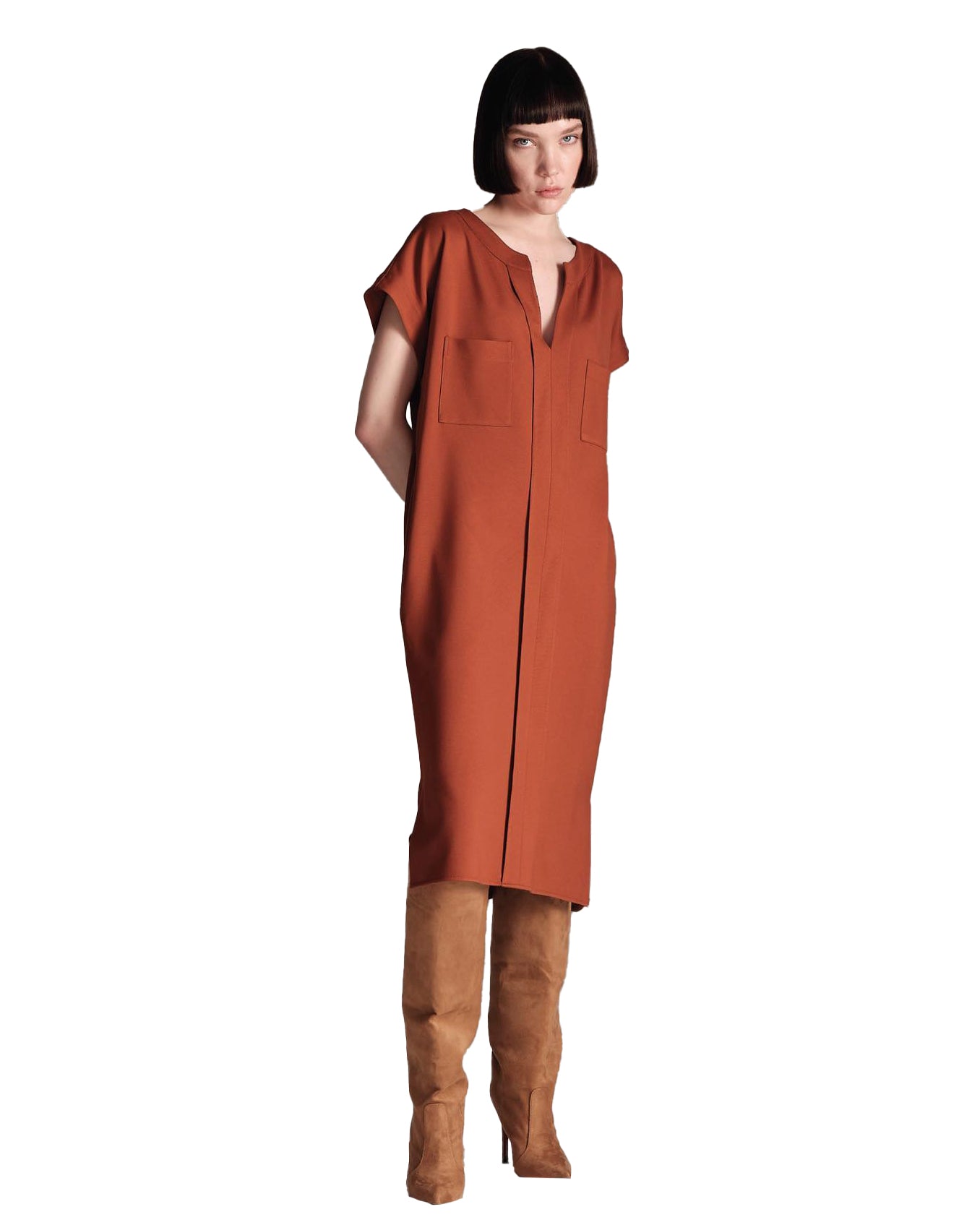 Short Sleeve Boxy Knit Dress (Cognac)