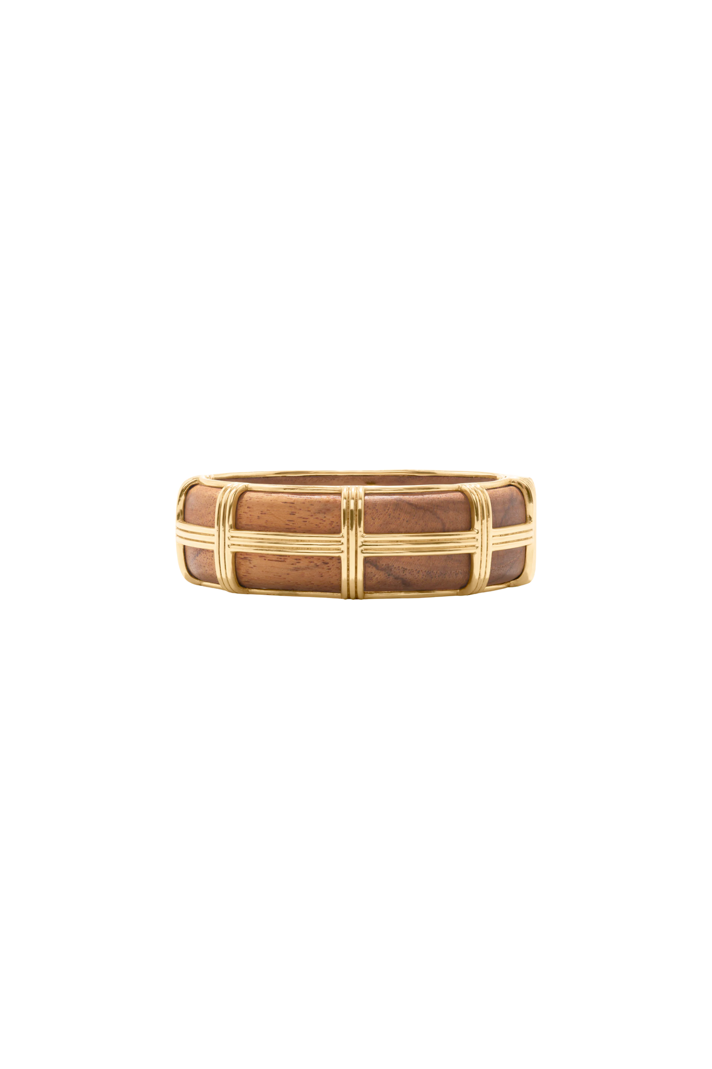 Wooden ring with gold accents on a white background