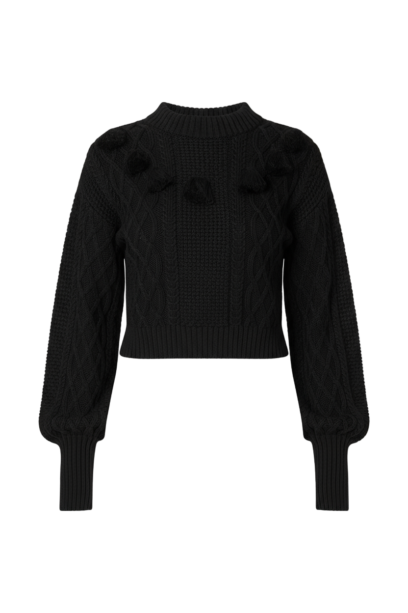 Black knit sweater with ruffled shoulders and knittdd details