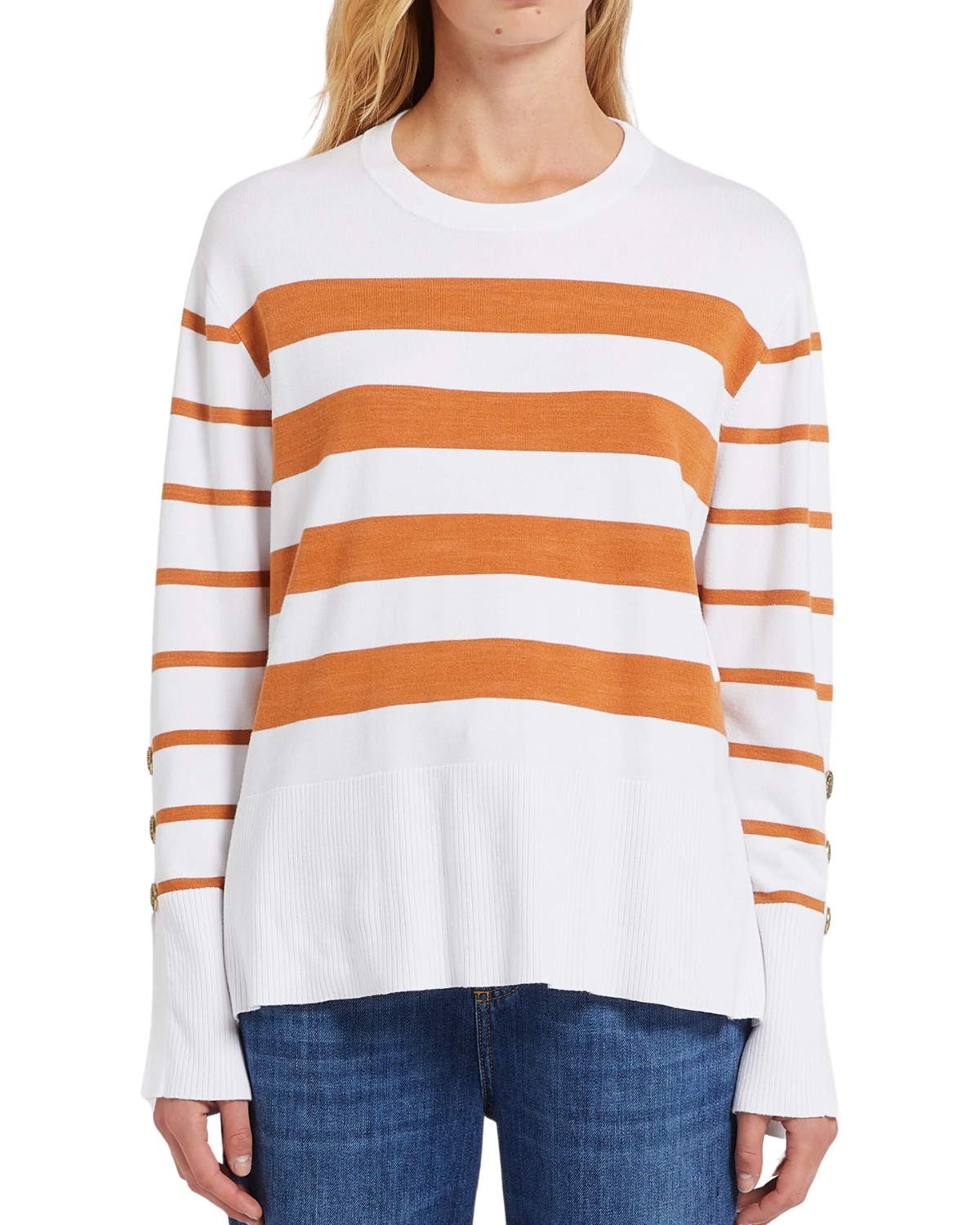 Annita Long Sleeve Cotton Sweater (White/Orange)