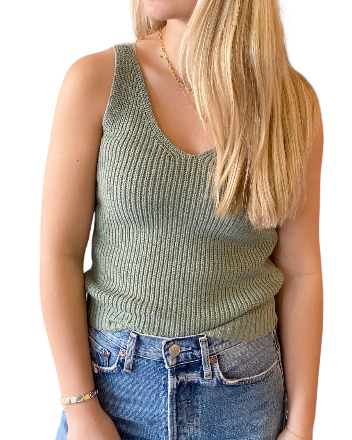 Cotton Linen Ribbed Tank Top (Faded Matcha)