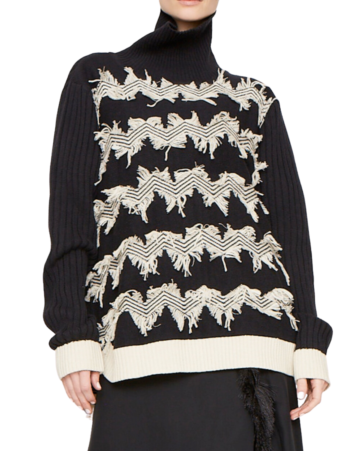Azadeh Fringe Turtleneck Sweater (Black/Ivory)