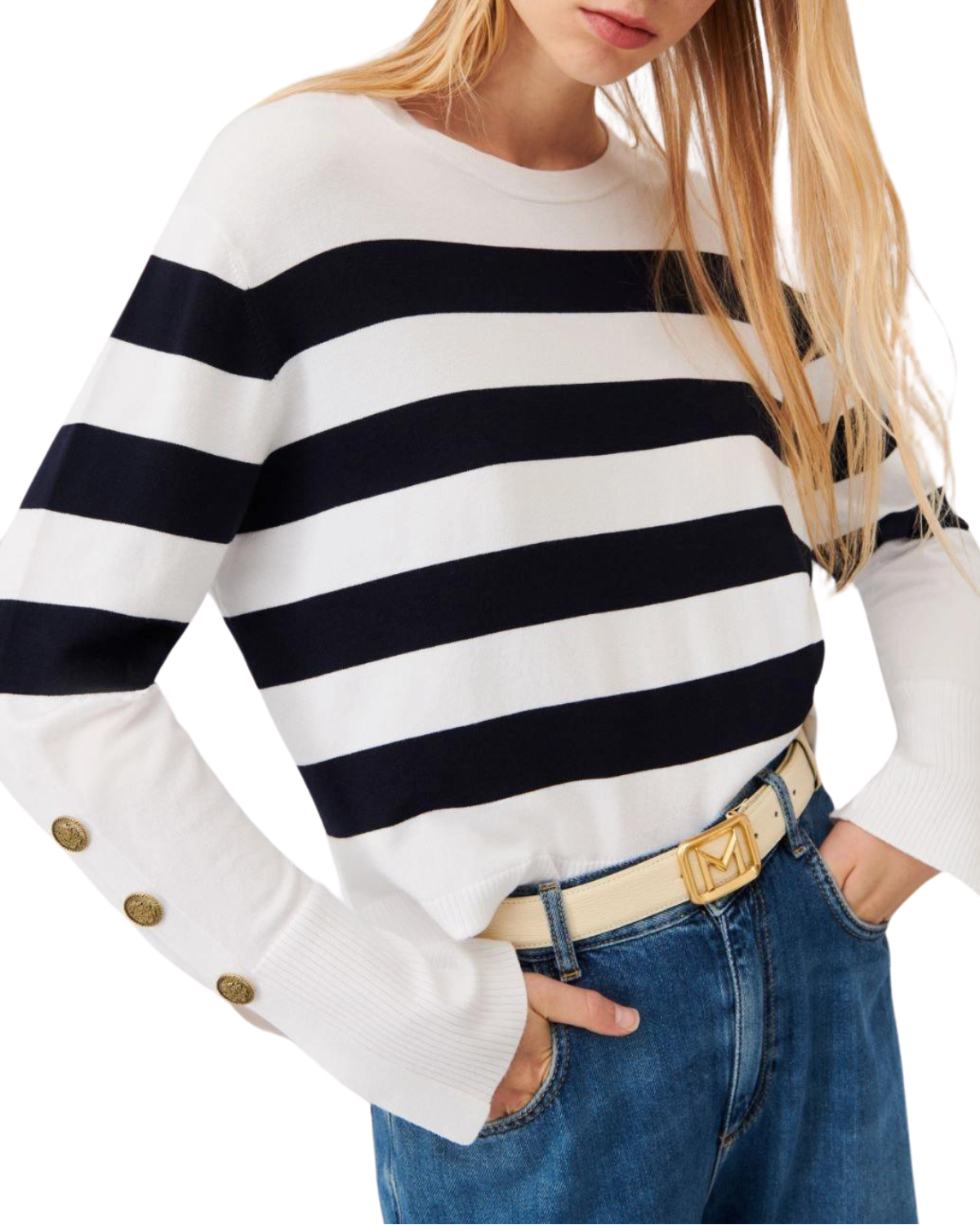 Annita Long Sleeve Cotton Sweater (Blue/White)