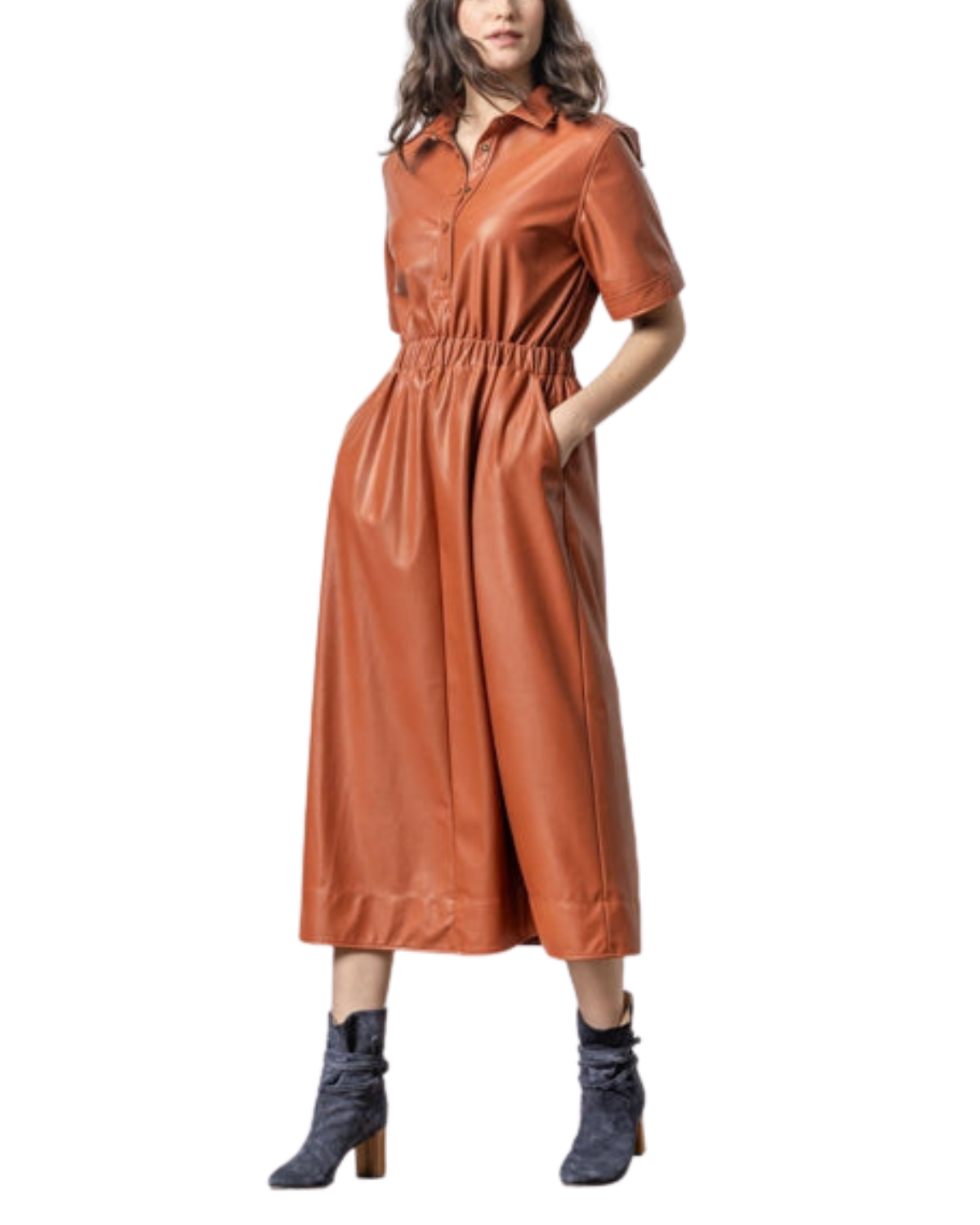 Elastic Waist Short Sleeve Dress (Cognac)