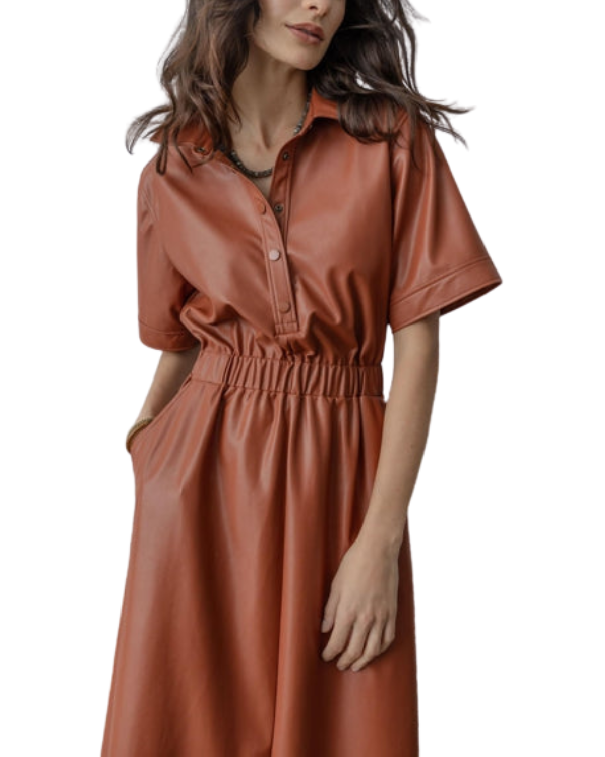 Elastic Waist Short Sleeve Dress (Cognac)