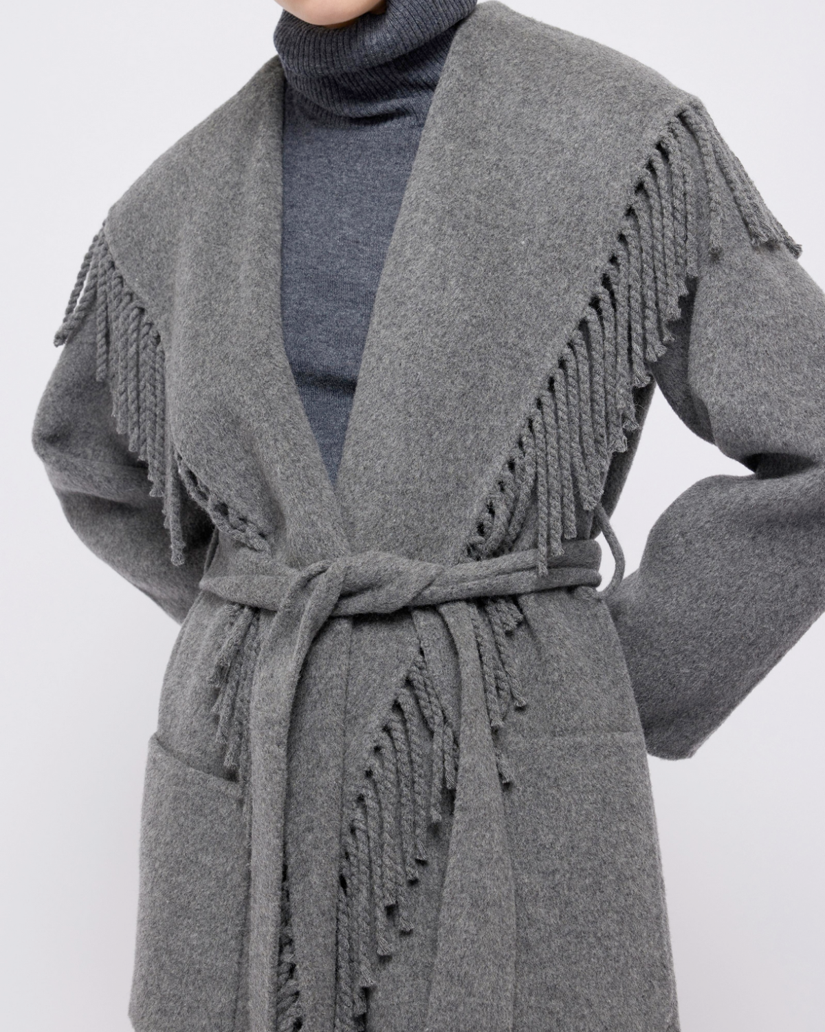 Carrie Fringe Robe Coat (Grey Melange)