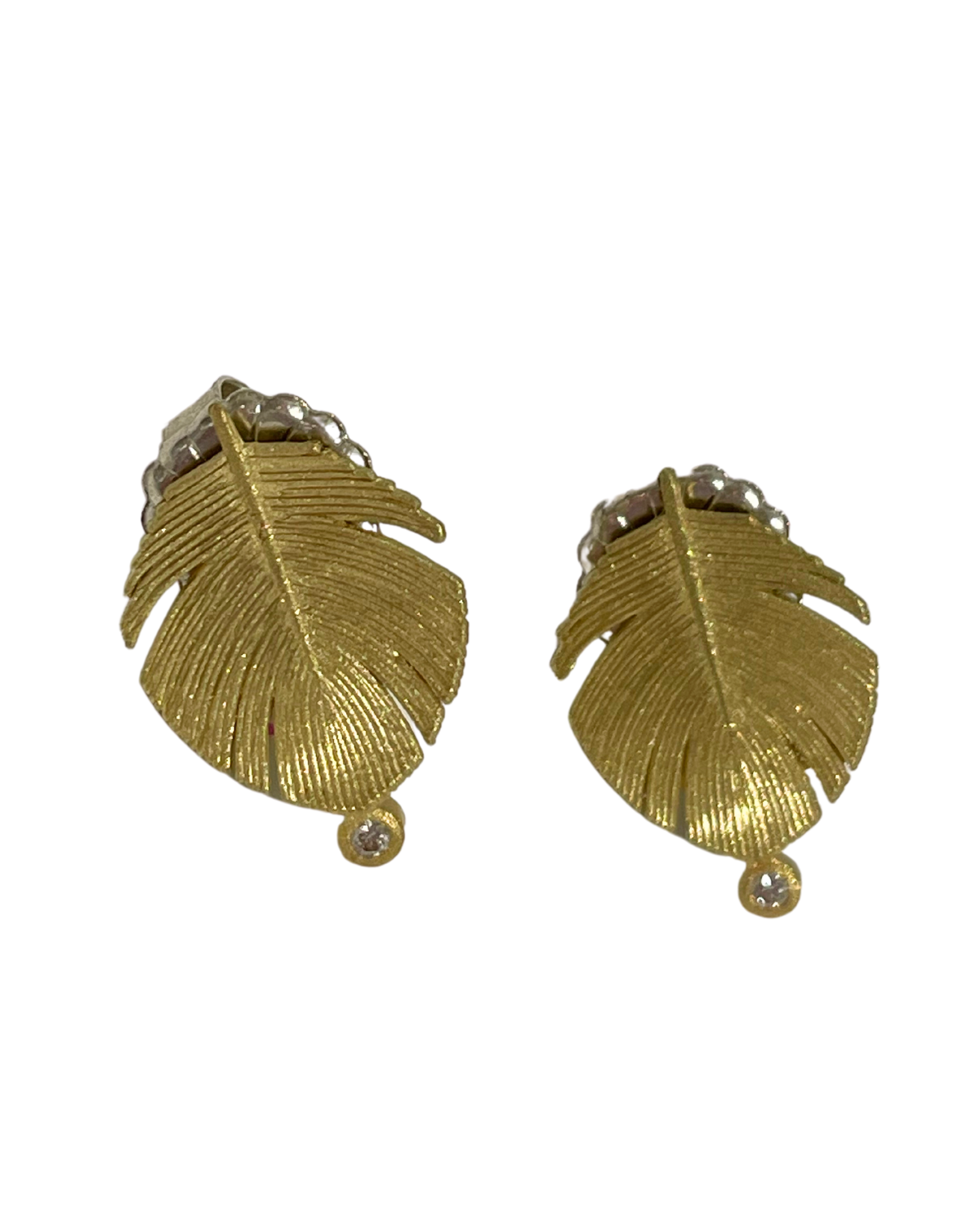 Small Round Gold Feather Post Earrings w/Diamonds