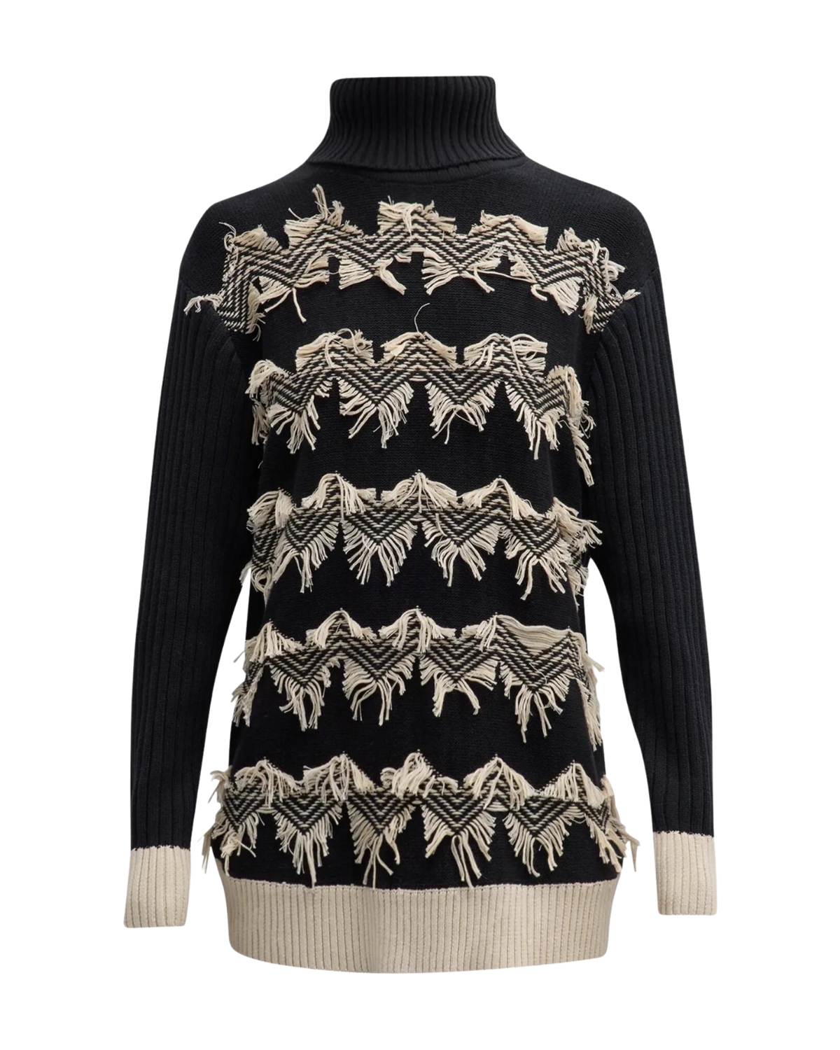 Azadeh Fringe Turtleneck Sweater (Black/Ivory)