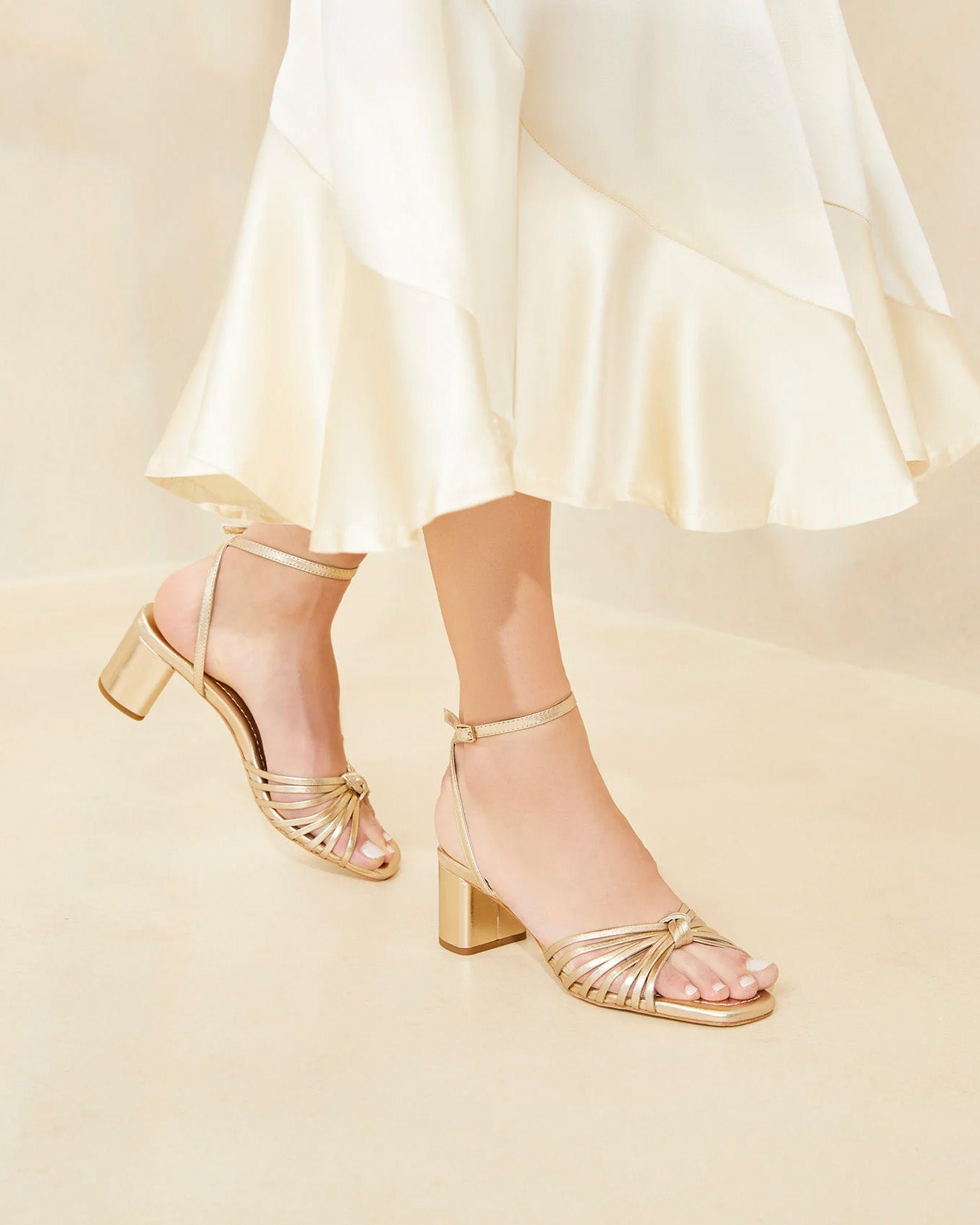 Olivia Leather Knot Mid Heel Sandal (Champagne)
