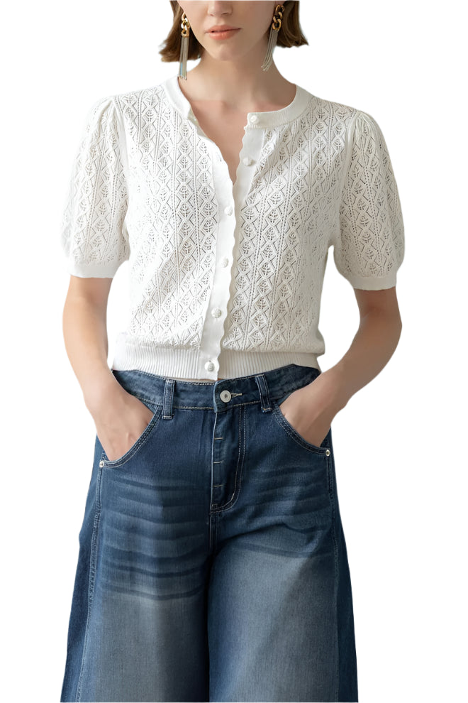 Pointelle Cardigan (White)