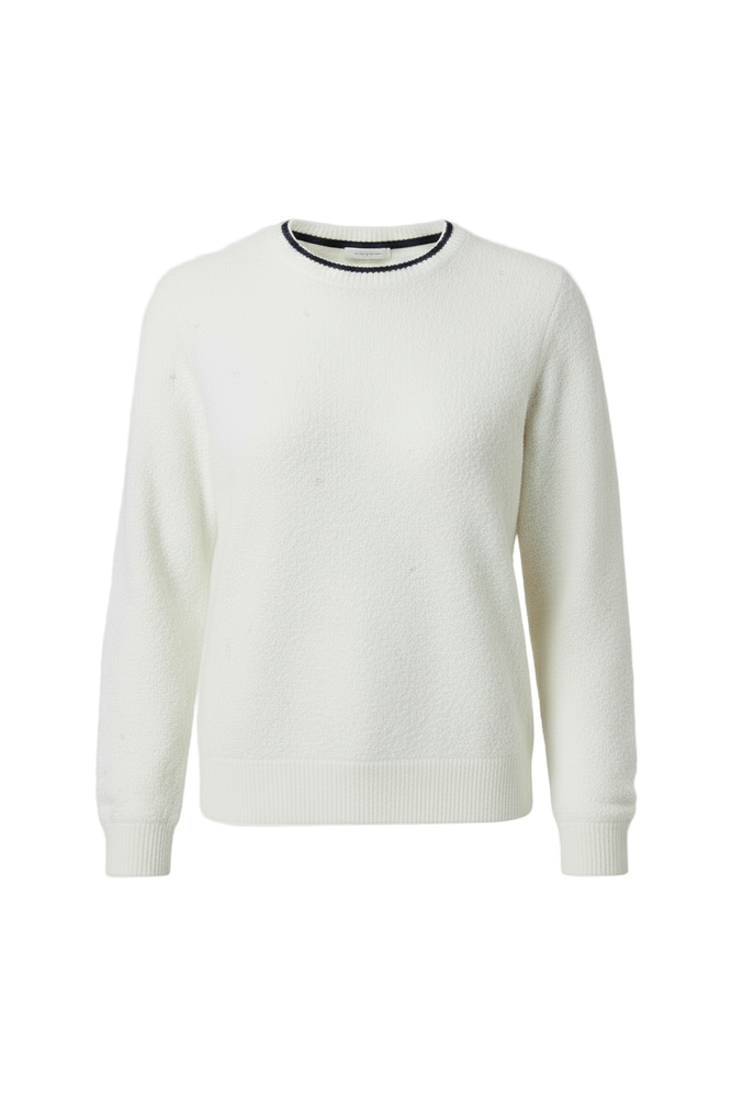 White sweater with Navy trim 