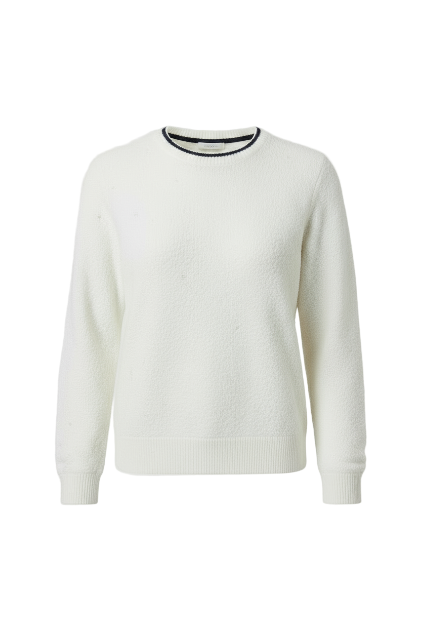 White sweater with Navy trim 