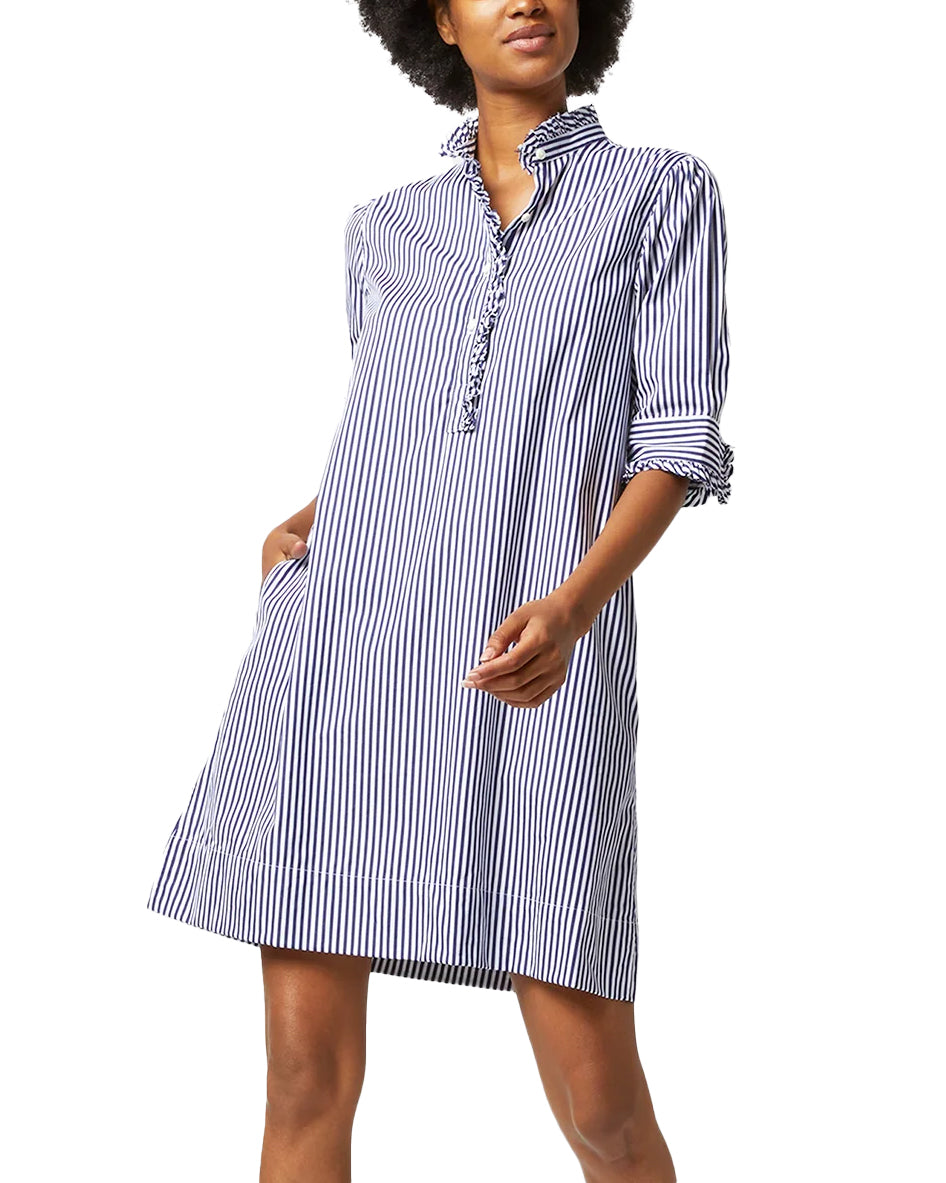 Elbow Sleeved Frill Dress (Navy Bengal Stripe)