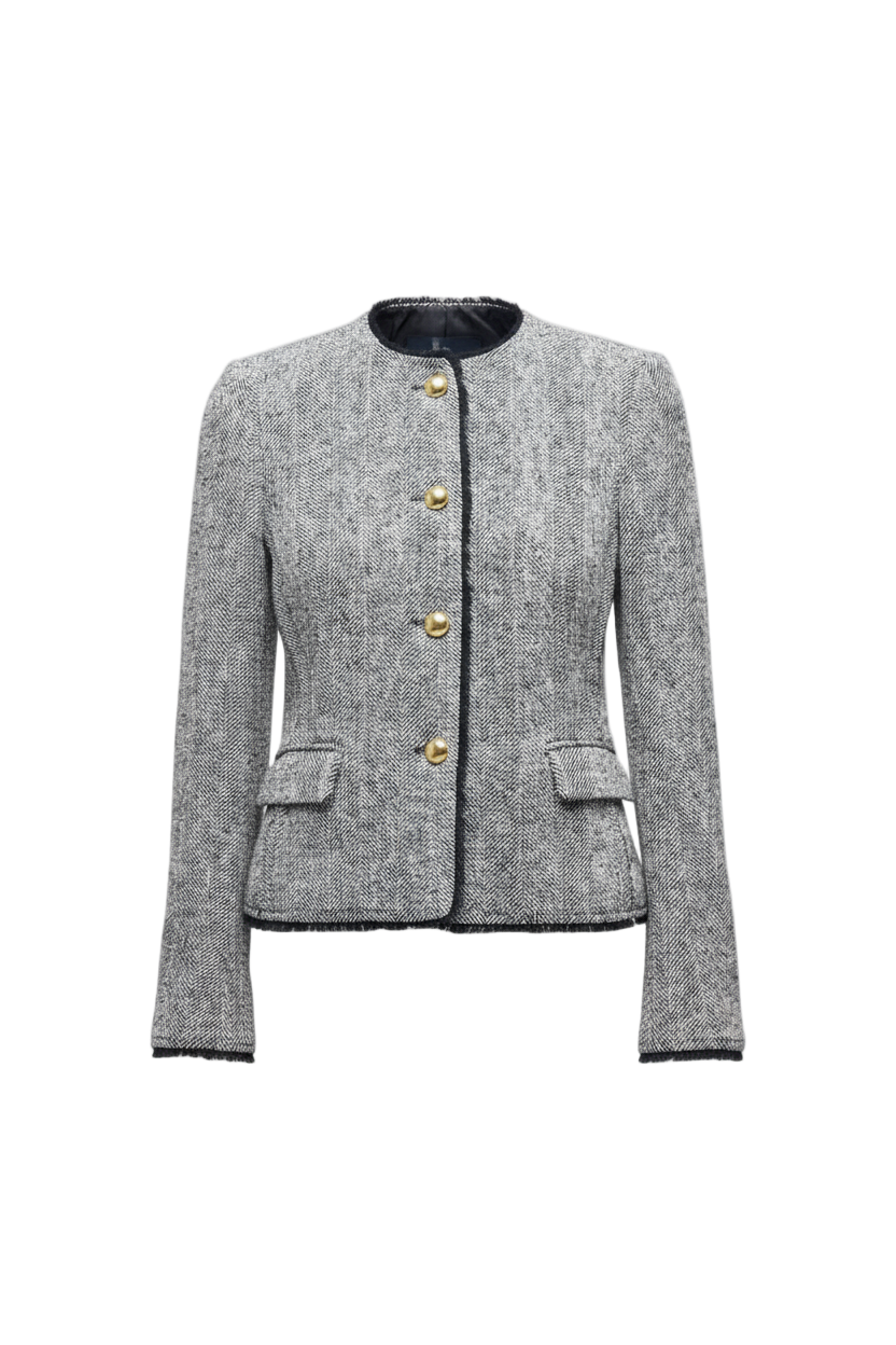 Gray textured twill blazer with gold buttons