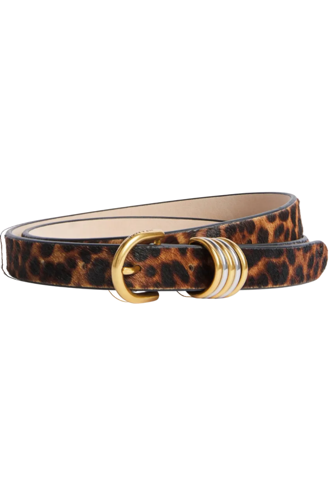 Wrabyn Sasha belt in leopard print calf hair with a two-tone gold and silver metal buckle and rounded edges.