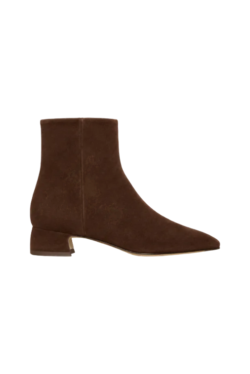 Wrabyn brown Italian lamb suede ankle boot with a side zipper and a comfortable block heel.