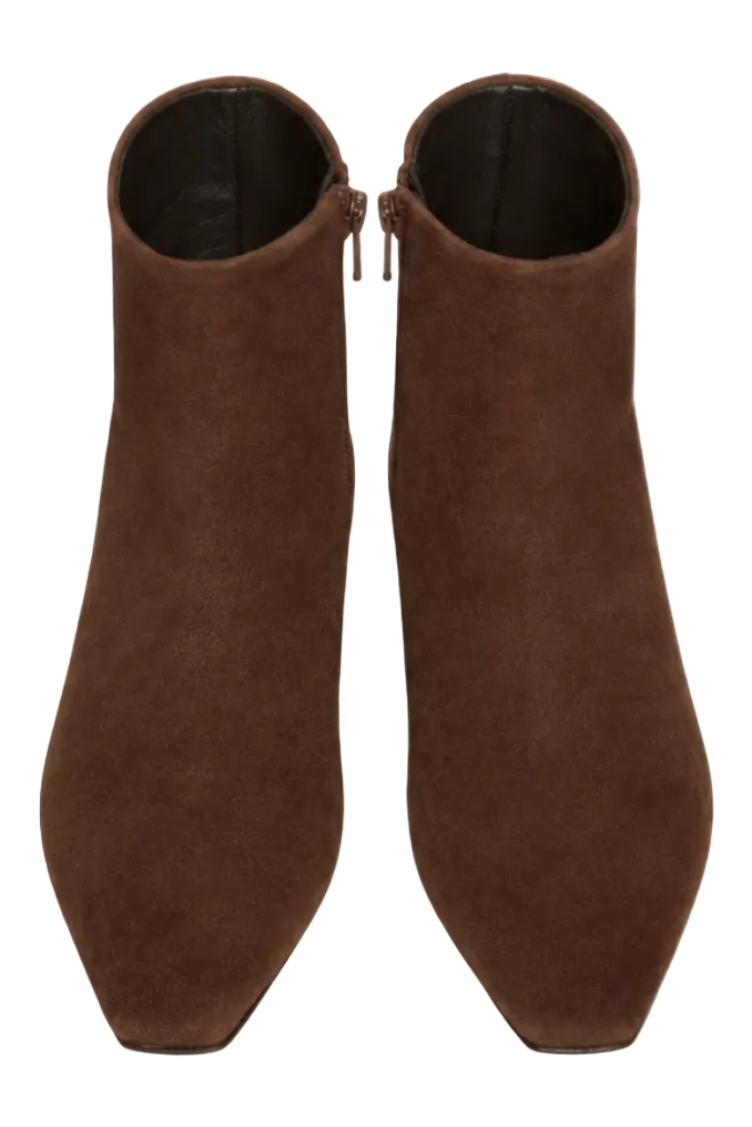 Wrabyn brown Italian lamb suede ankle boots with a side zipper and a comfortable block heel.
