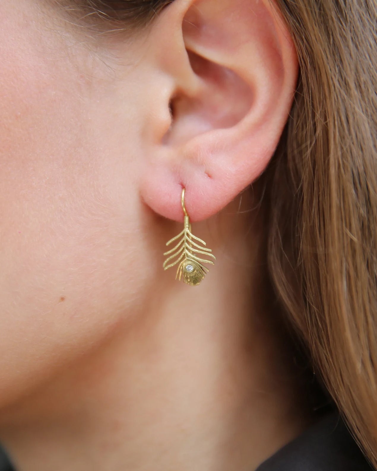Tiny Gold Peacock Feather Wire Earrings w/Diamonds