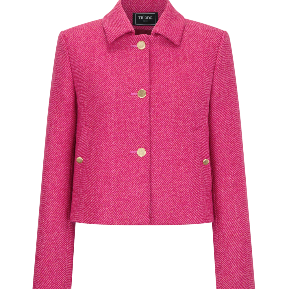 Pink tweed jacket with gold buttons