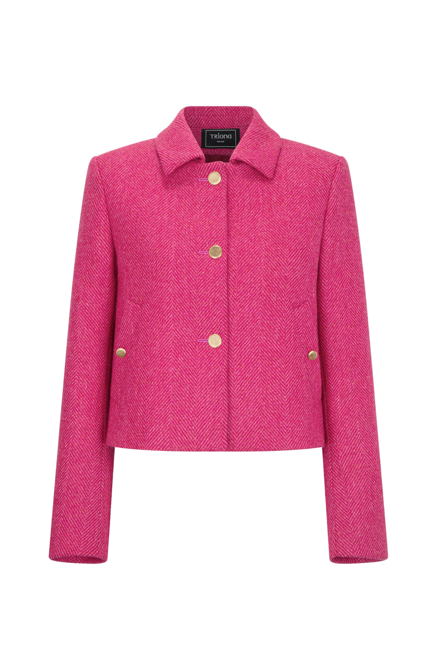 Pink tweed jacket with gold buttons