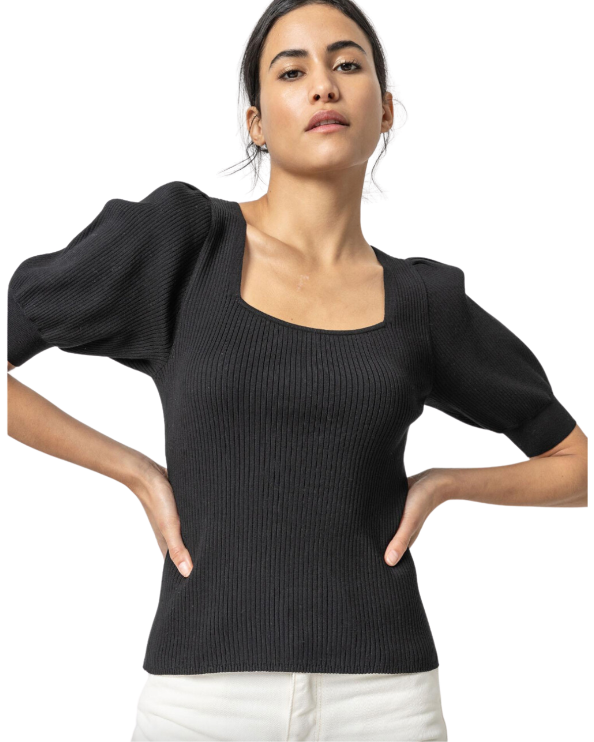 Ribbed Elbow Sleeve Square Neck Sweater (Black)