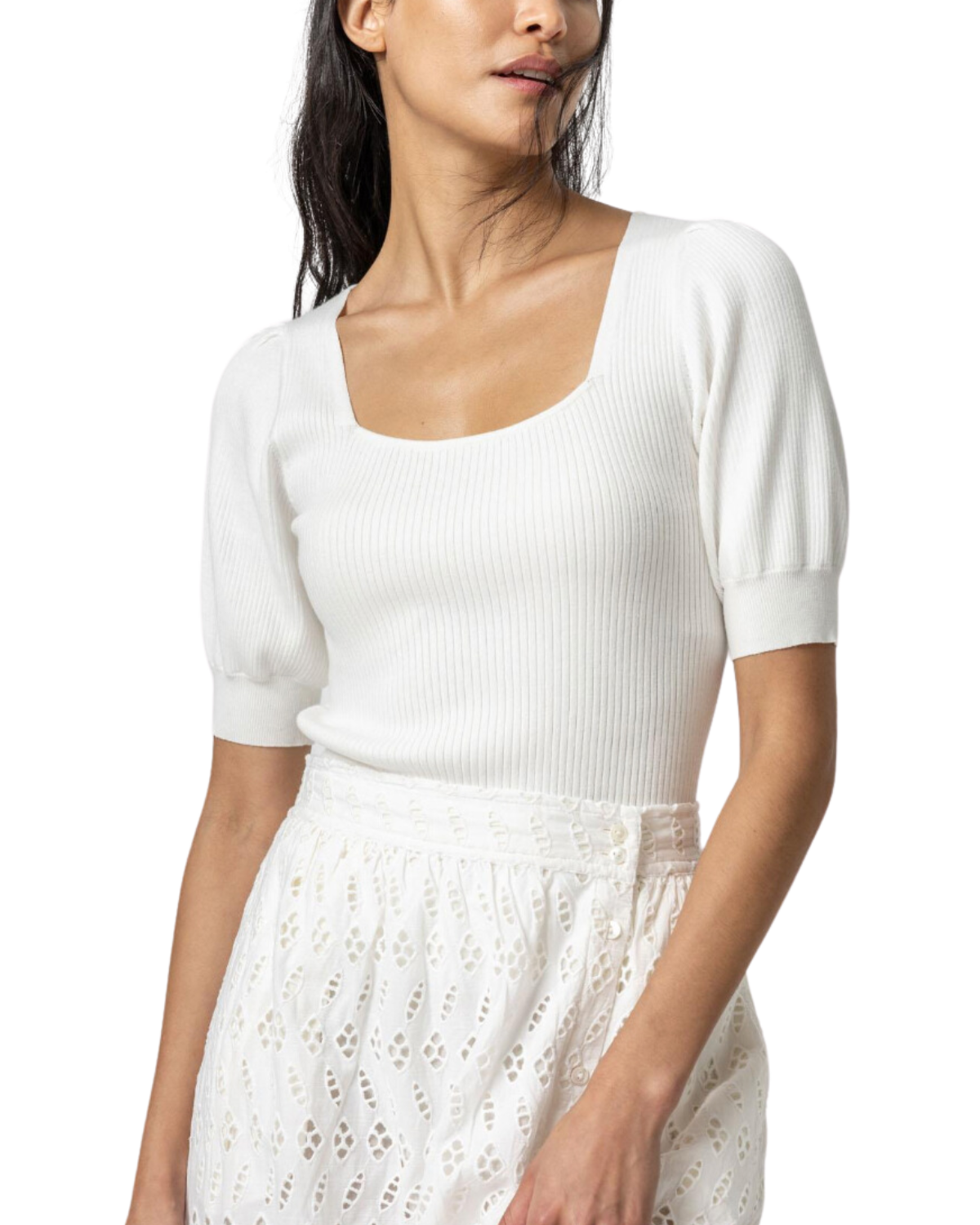 Ribbed Elbow Sleeve Square Neck Sweater (White)