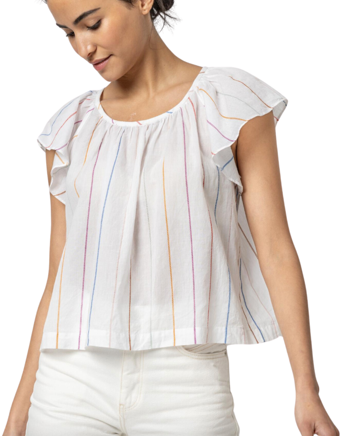 Shirred Short Sleeve Raglan Top (Multi Stripe)