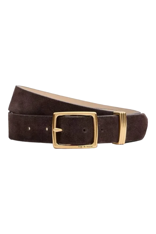 Wrabyn Boyfriend Belt 2.0 in dark brown Italian suede with a gold-tone metal buckle and keeper.