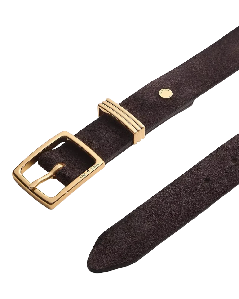 Wrabyn Rag and Bone Boyfriend Belt 2.0 in dark brown Italian suede with a gold-tone metal buckle and keeper.