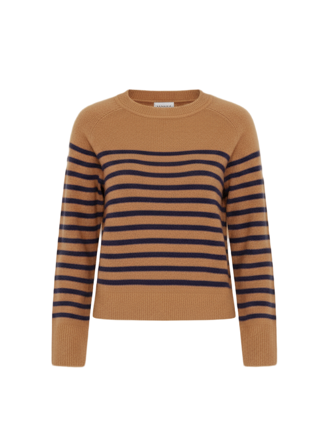 Camel sweater with blue stripes