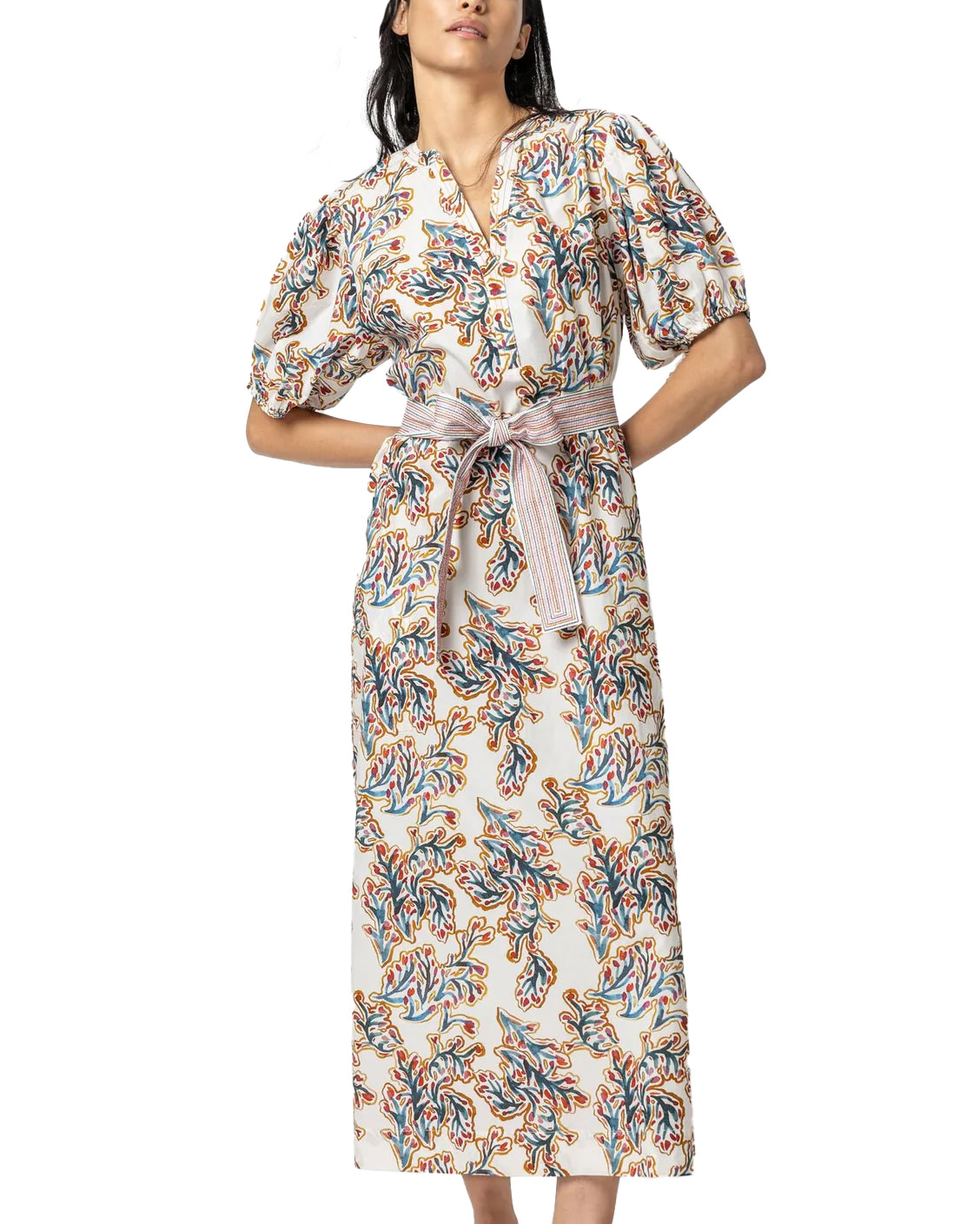 Split Neck Full Sleeve Maxi Dress (Spring Watercolor)