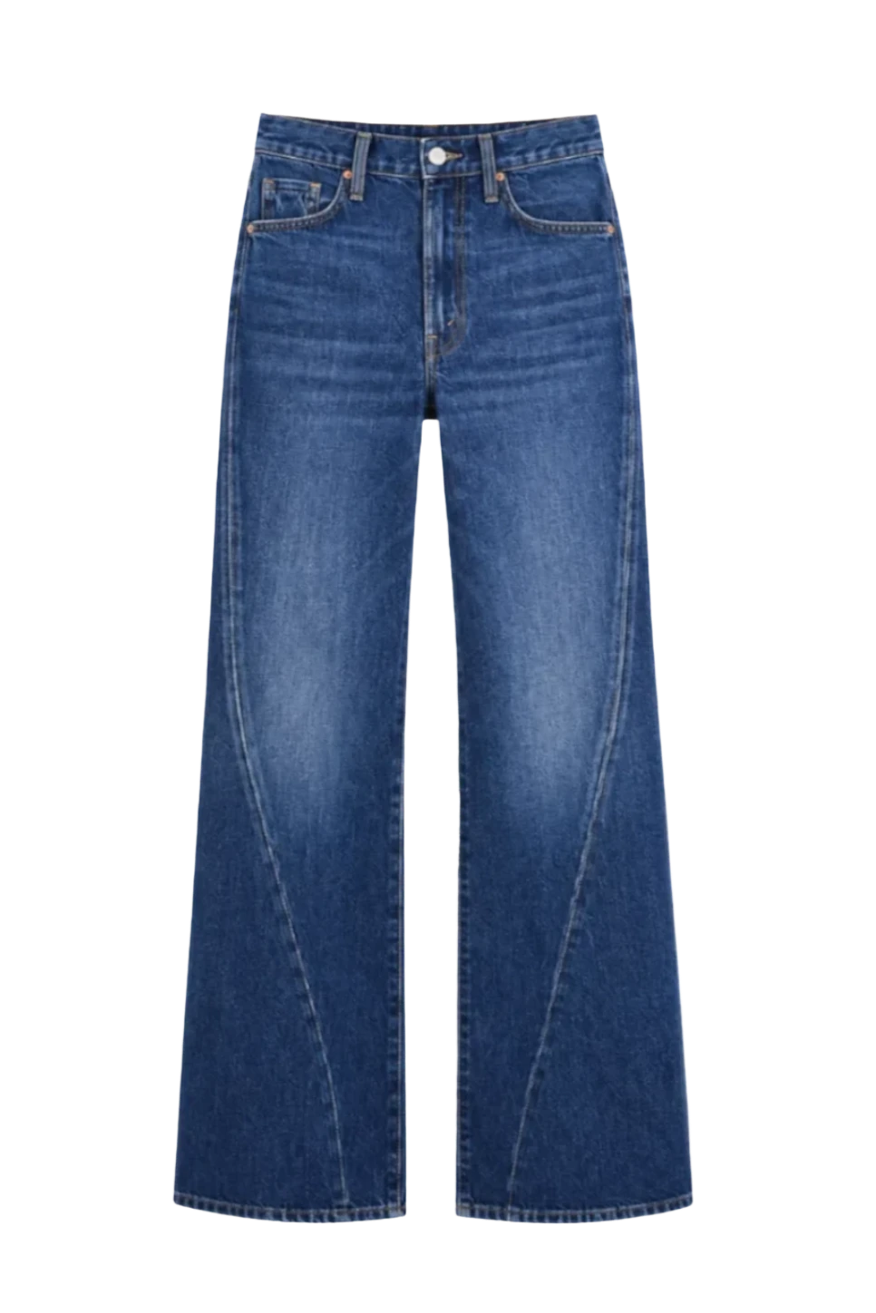 Wrabyn The Bookie Twist Sneak dark blue mid-rise bootcut jeans with twisted outer seams and knee whiskering.