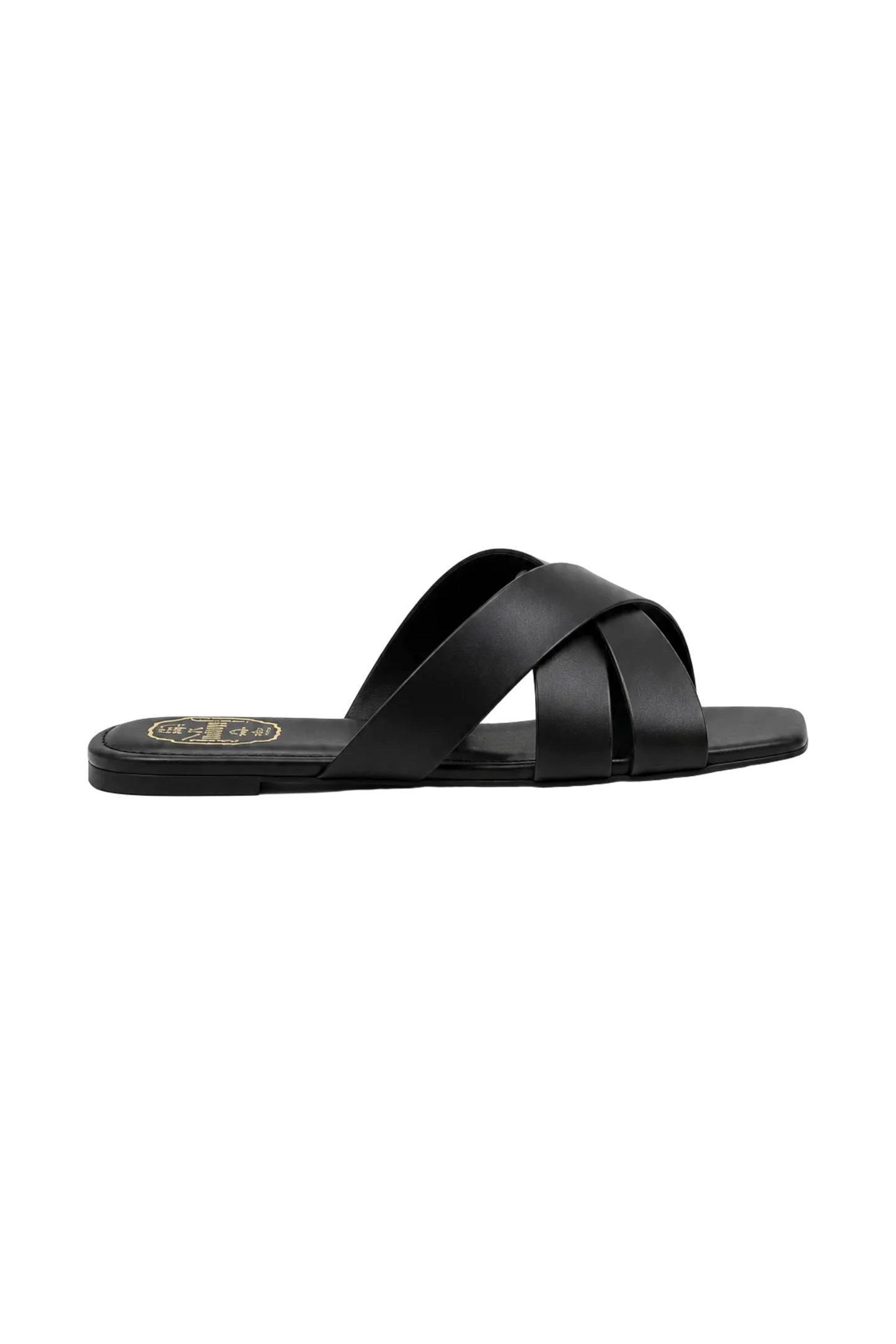 Wrabyn Fortuna black leather slide sandals with a square toe and comfortable padded footbed.