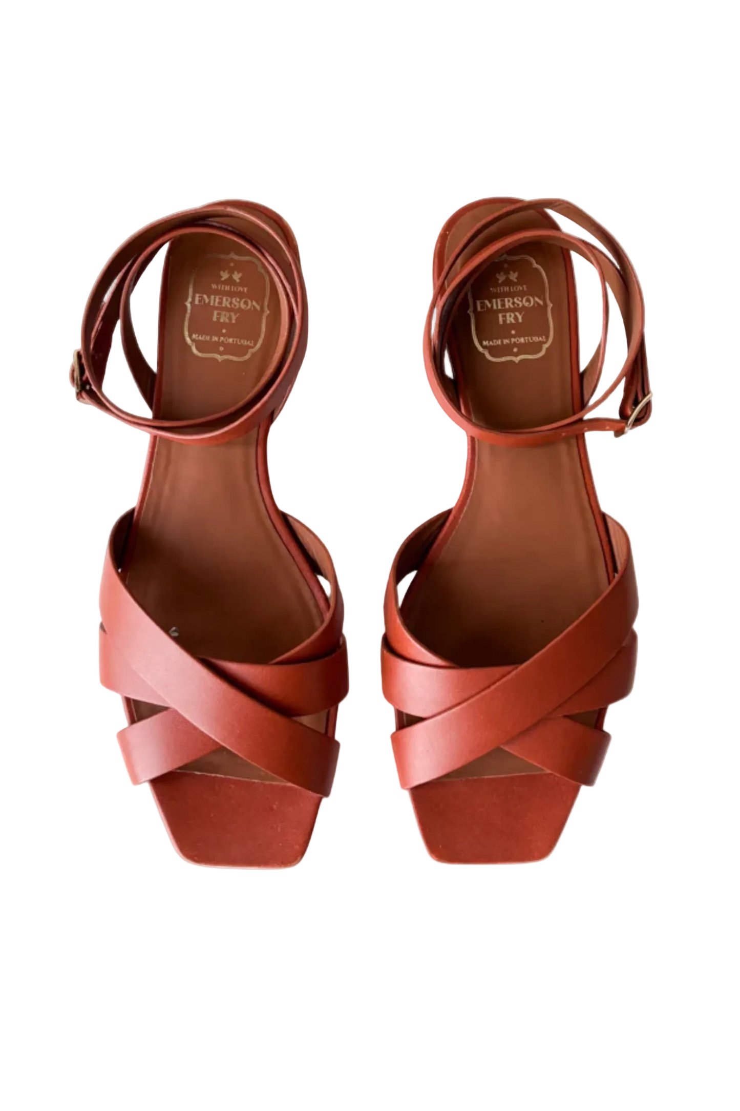 Wrabyn Fortuna leather ankle-strap sandals with a square toe and padded footbed in a rich tan brown finish.