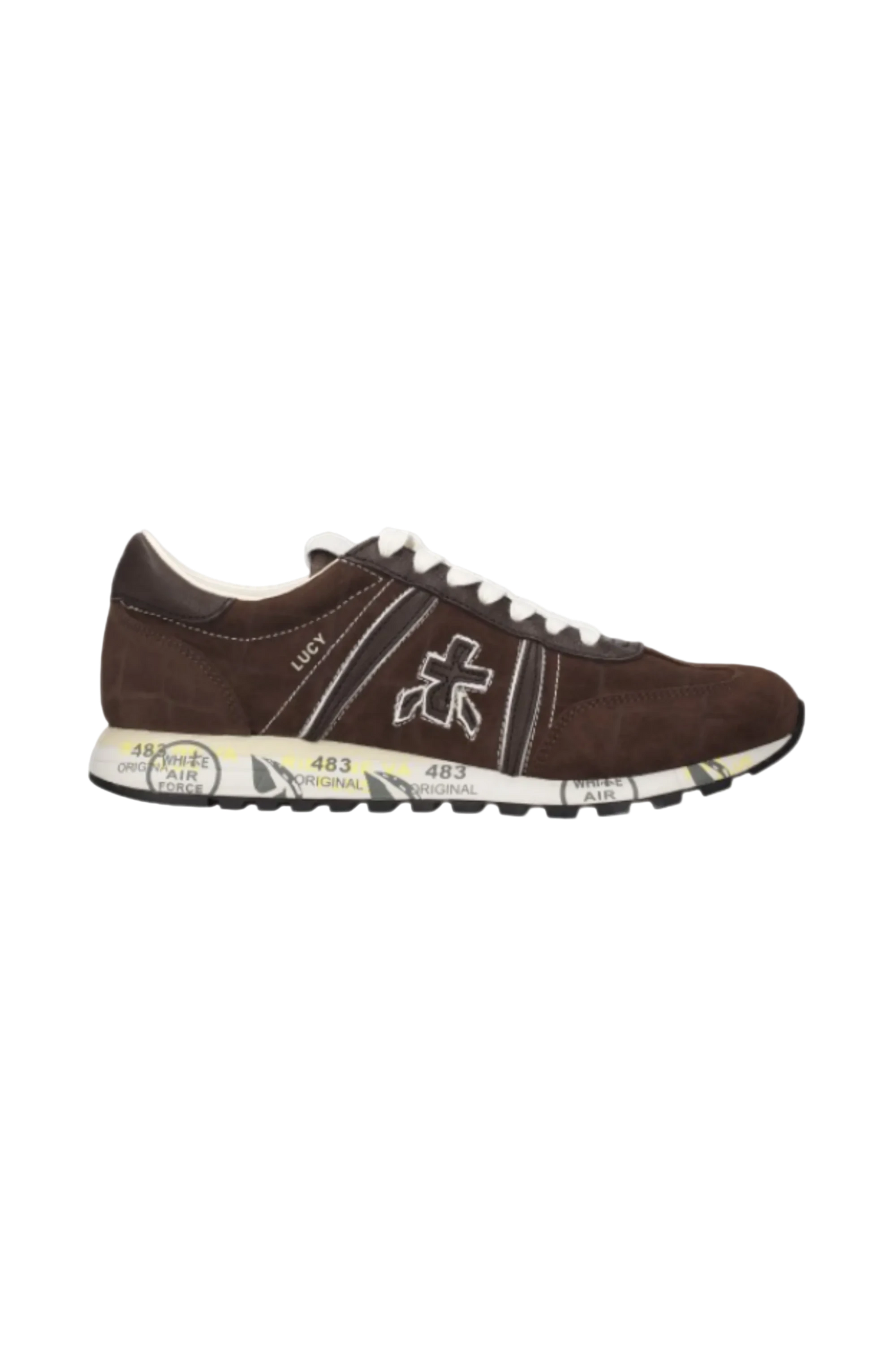 Wrabyn Premiata Lucy Runner sneaker in chocolate brown suede with white contrast stitching and graphic sole detail.