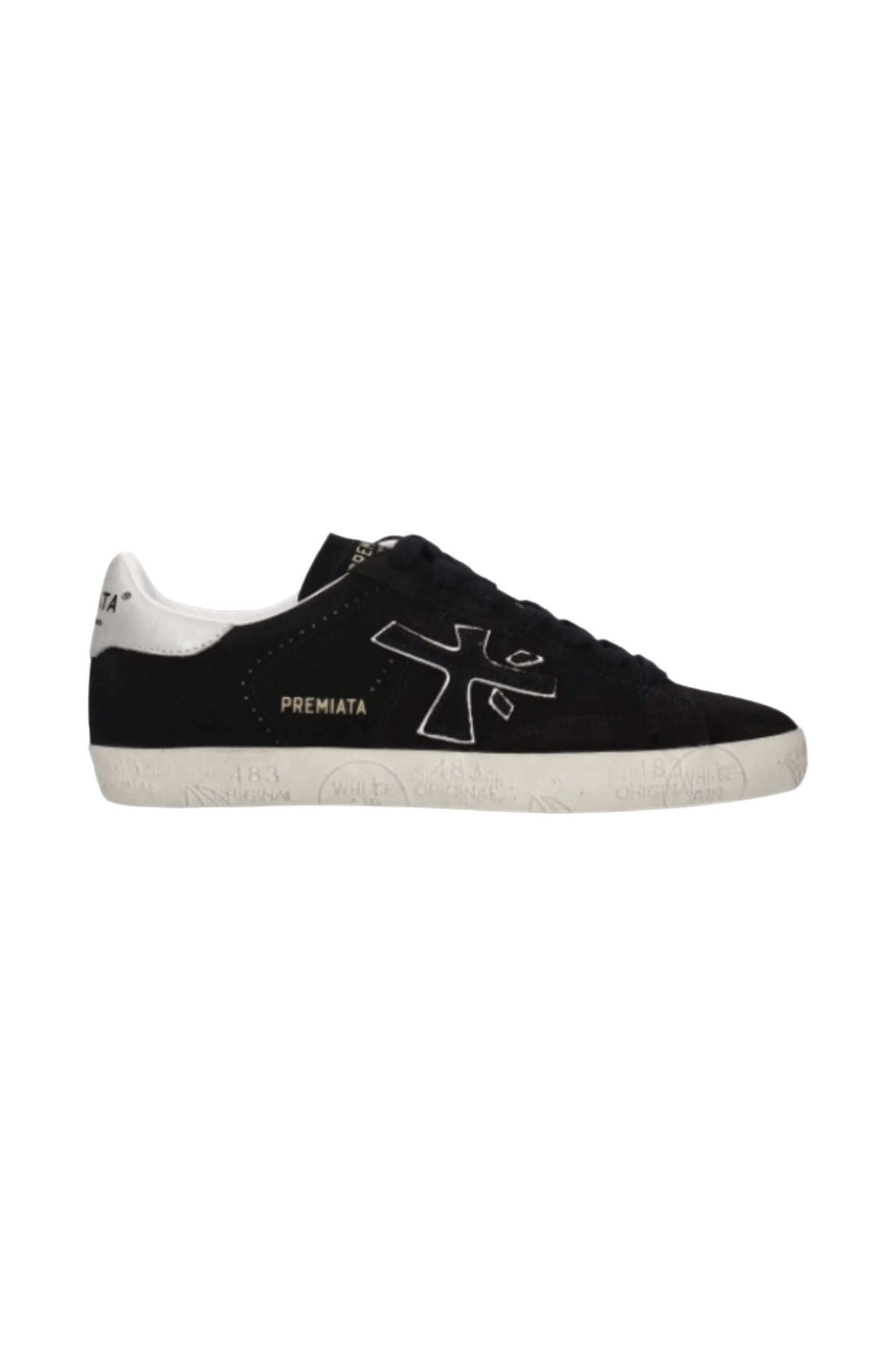 Wrabyn Premiata Steven Street black suede low-top sneakers with white logo detailing and printed rubber sole