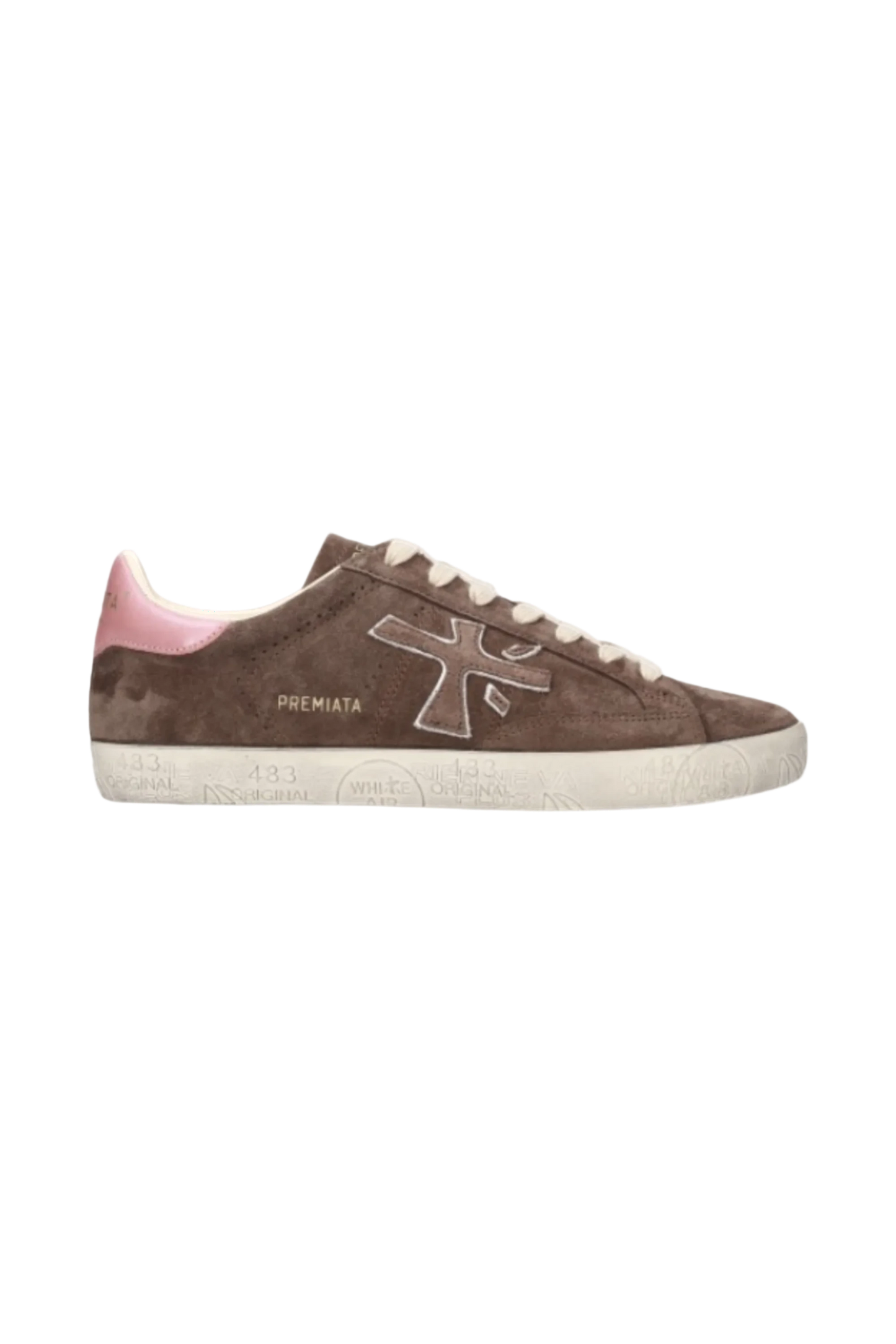 Wrabyn Premiata Steven Street taupe suede sneakers with a pink heel tab and signature printed rubber sole.